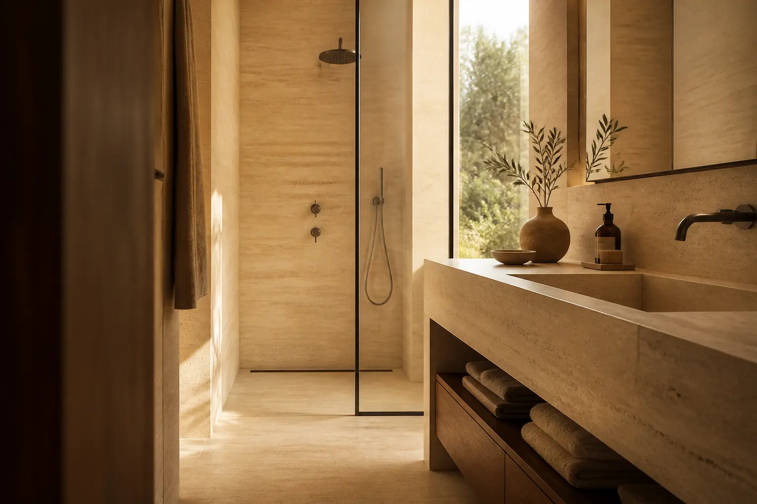 Travertin salle de bain : intérieur moderne chaleureux avec douche à l’italienne, vasque et murs en pierre beige naturelle