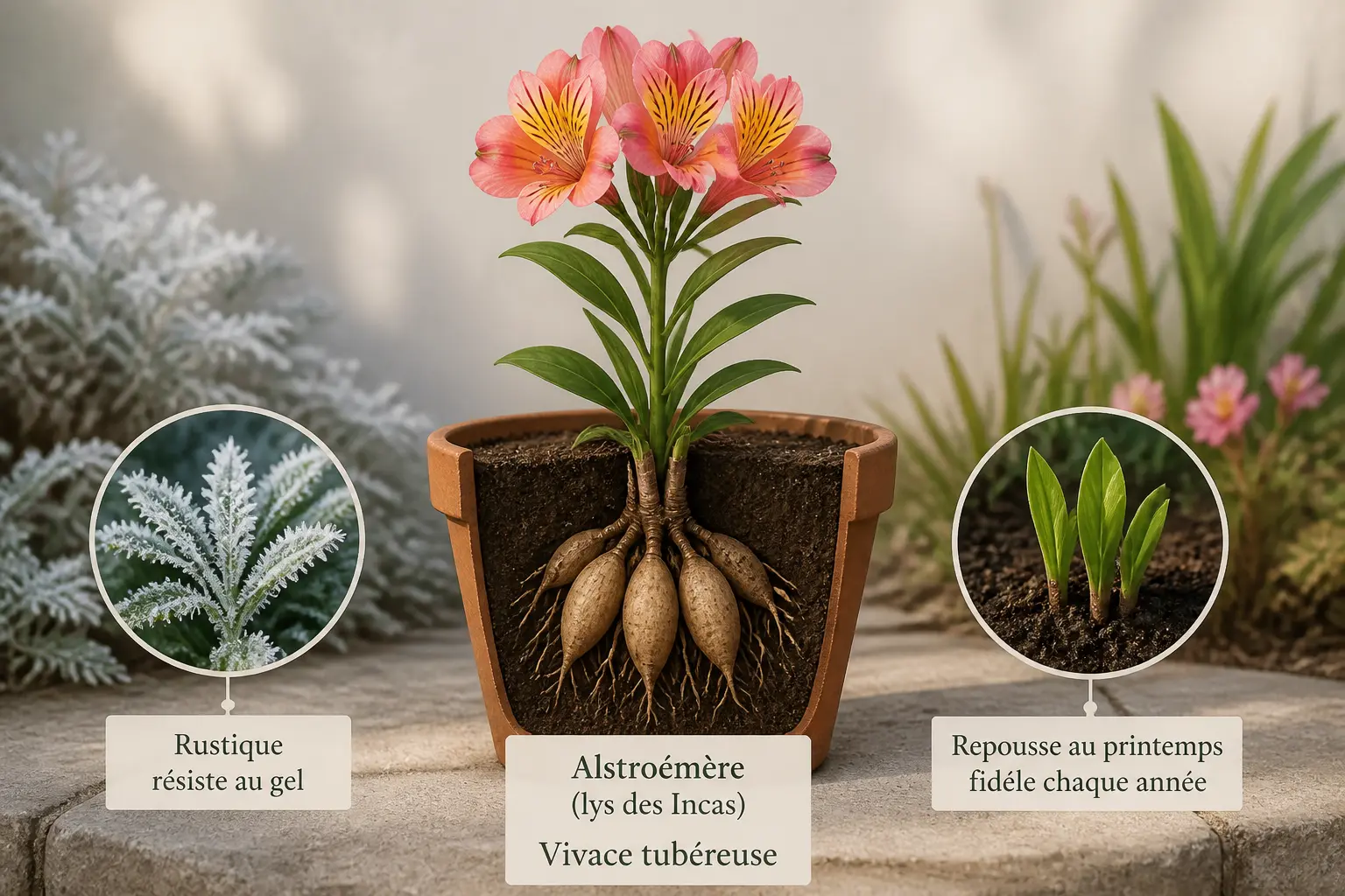 Alstroemeria en pot, racines tubéreuses visibles, tige fleurie, gel léger et reprise printanière.