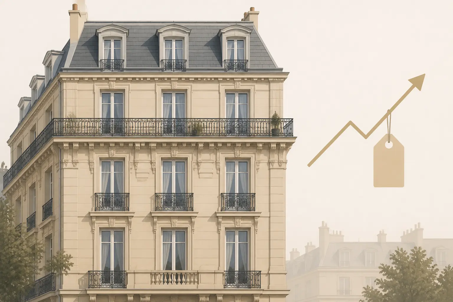 Façade d’appartement haussmannien à Paris, avec balcon en fer forgé et flèche de valeur discrète.