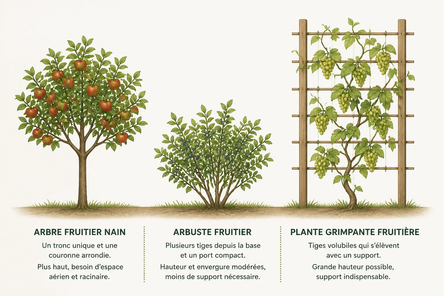 Arbre fruitier, arbuste et liane fruitière comparés en silhouettes de jardin, avec formes et supports distincts.