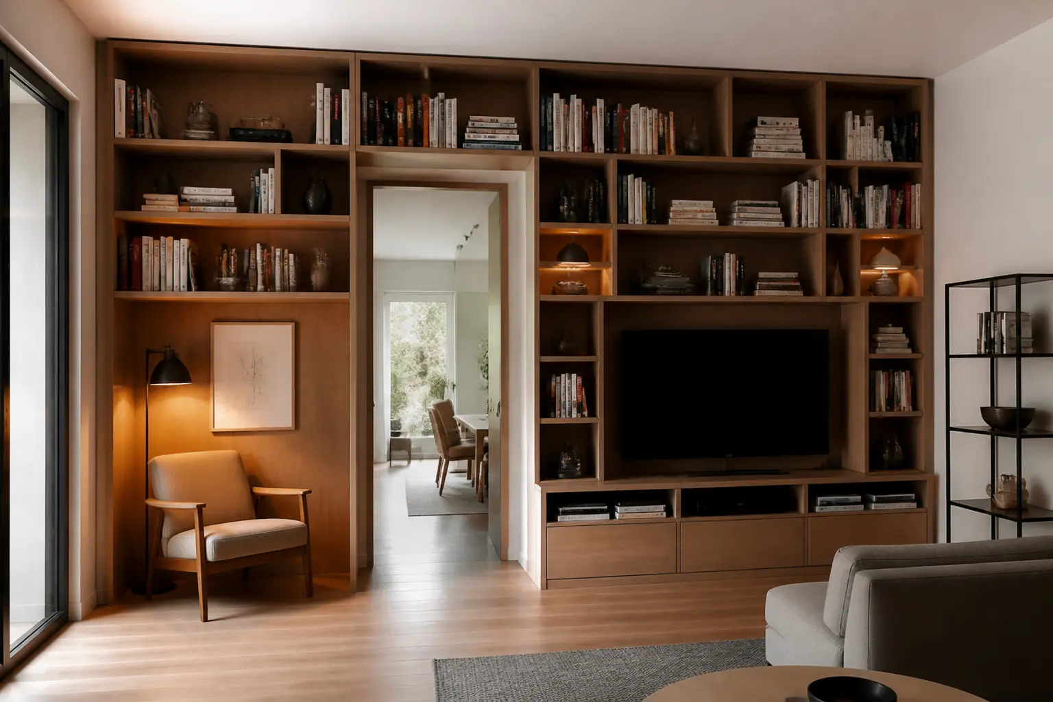 Bibliothèque sur mesure intégrée dans une niche, avec coin lecture et espace TV, face à un petit module standard.