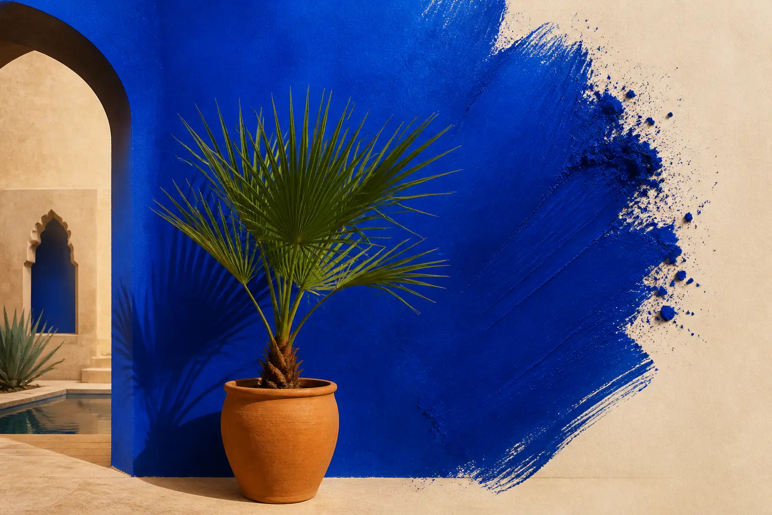 Mur cobalt bleu majorelle, palmier en pot et détail d’arc marocain, style éditorial épuré.