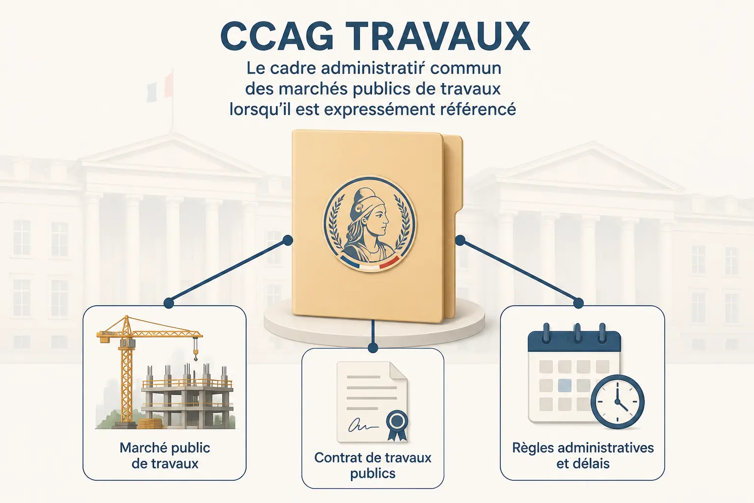 Dossier administratif CCAG travaux relié à une grue, un contrat et un calendrier pour les marchés publics