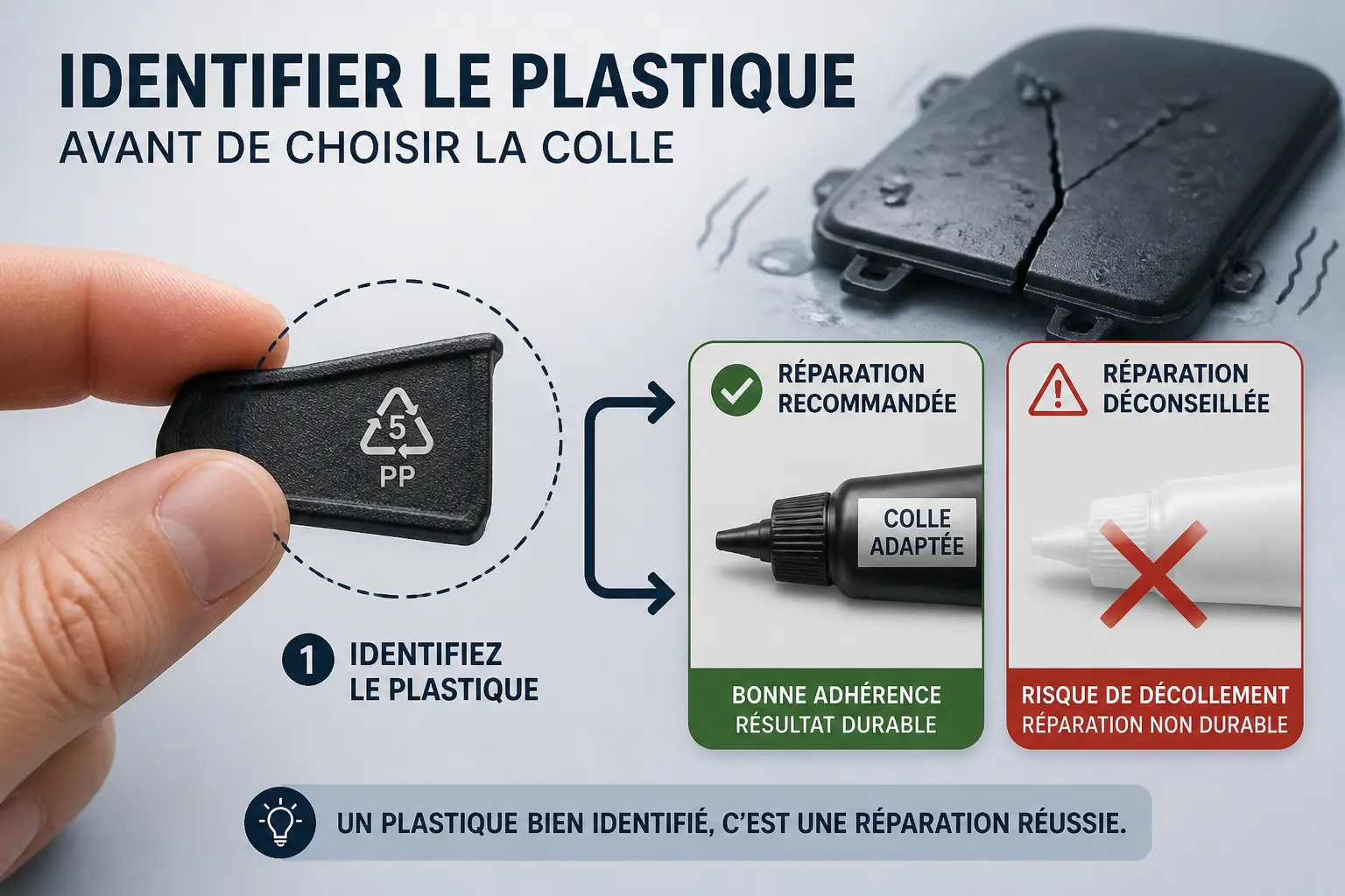 Avant de choisir la colle, identifiez le plastique et l’usage