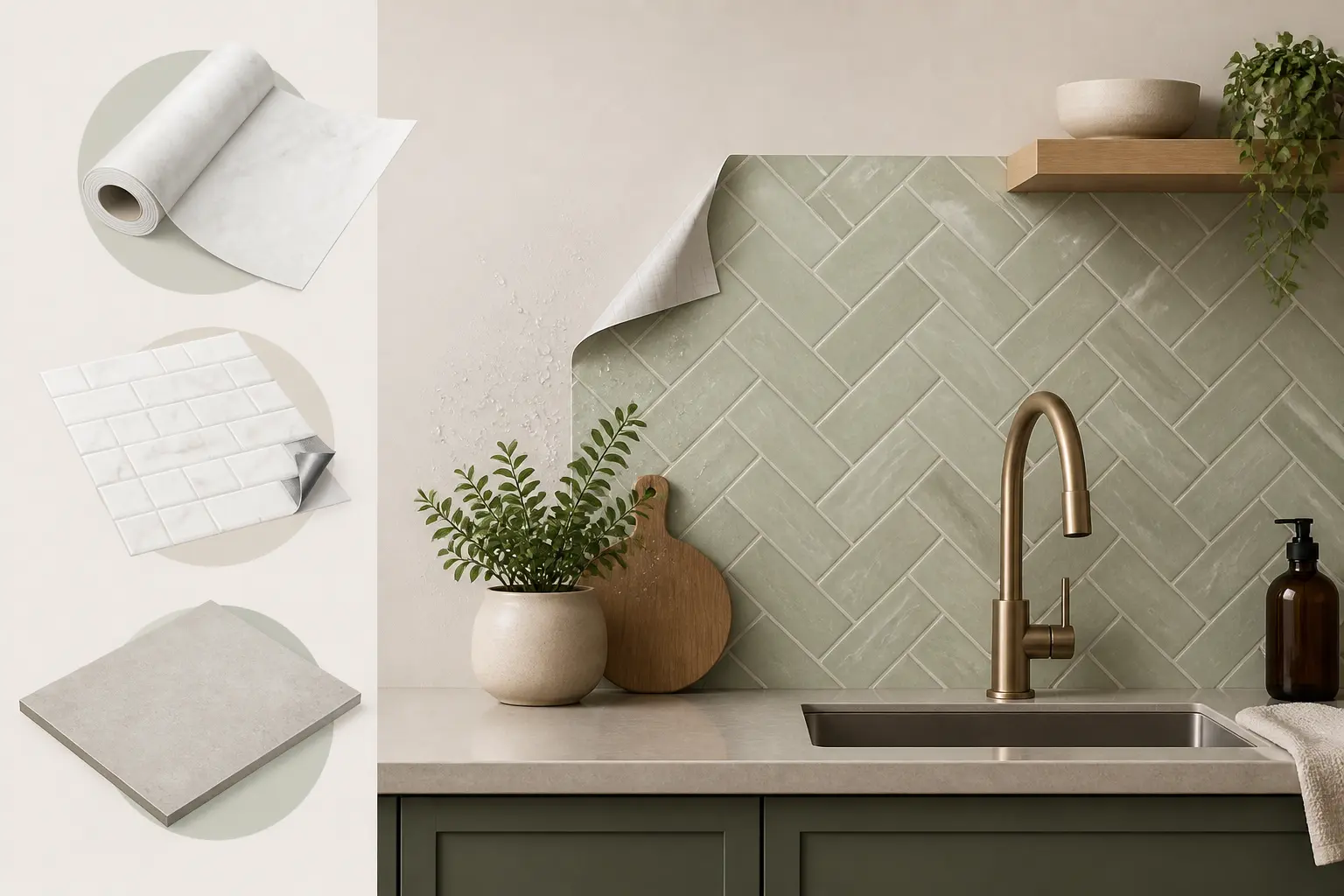 Credence adhesive dans une cuisine moderne : protection murale décorative avec échantillons de formats.