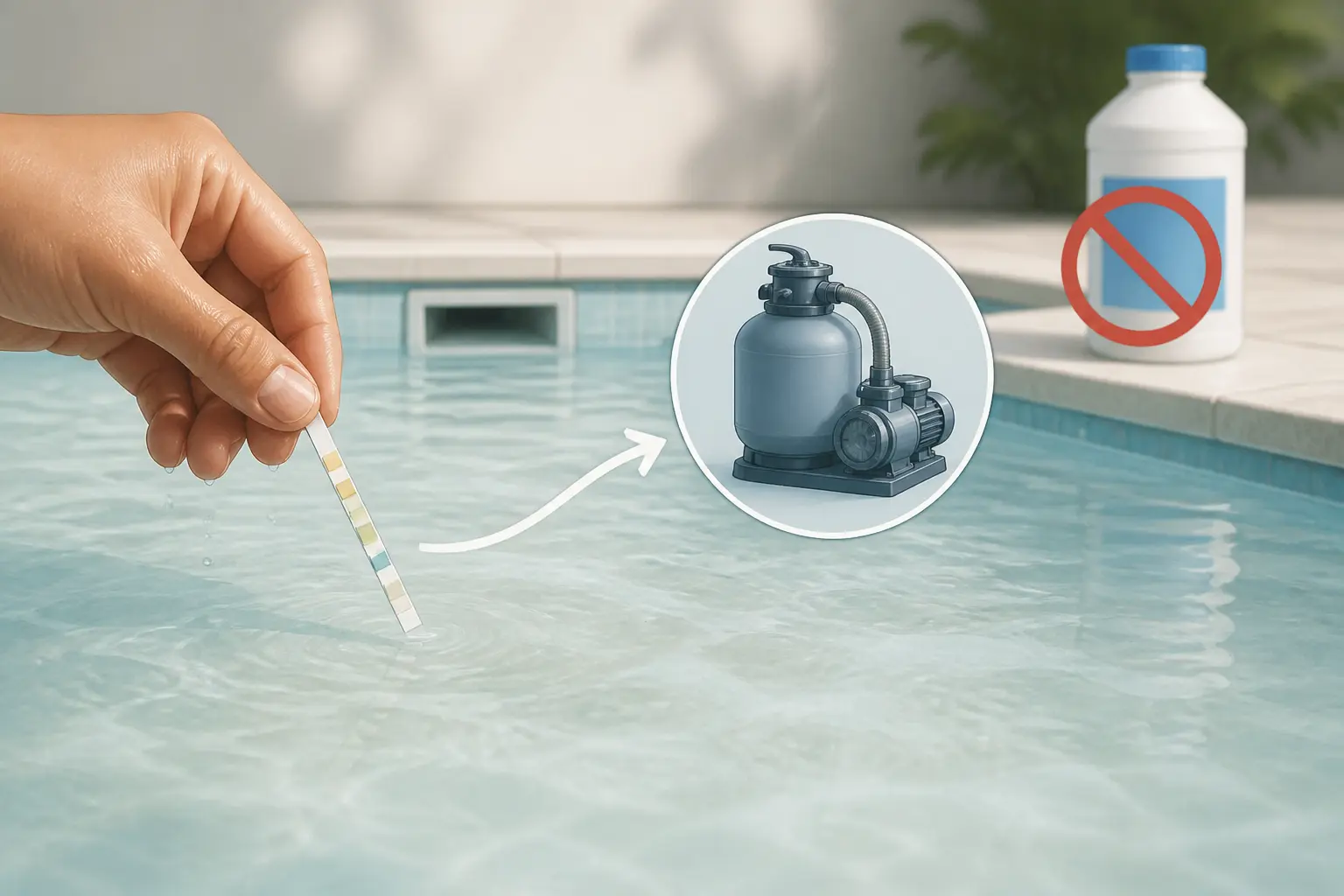 Eau trouble piscine : test de l’eau près de la surface, skimmer et pompe suggérant de vérifier avant d’agir.