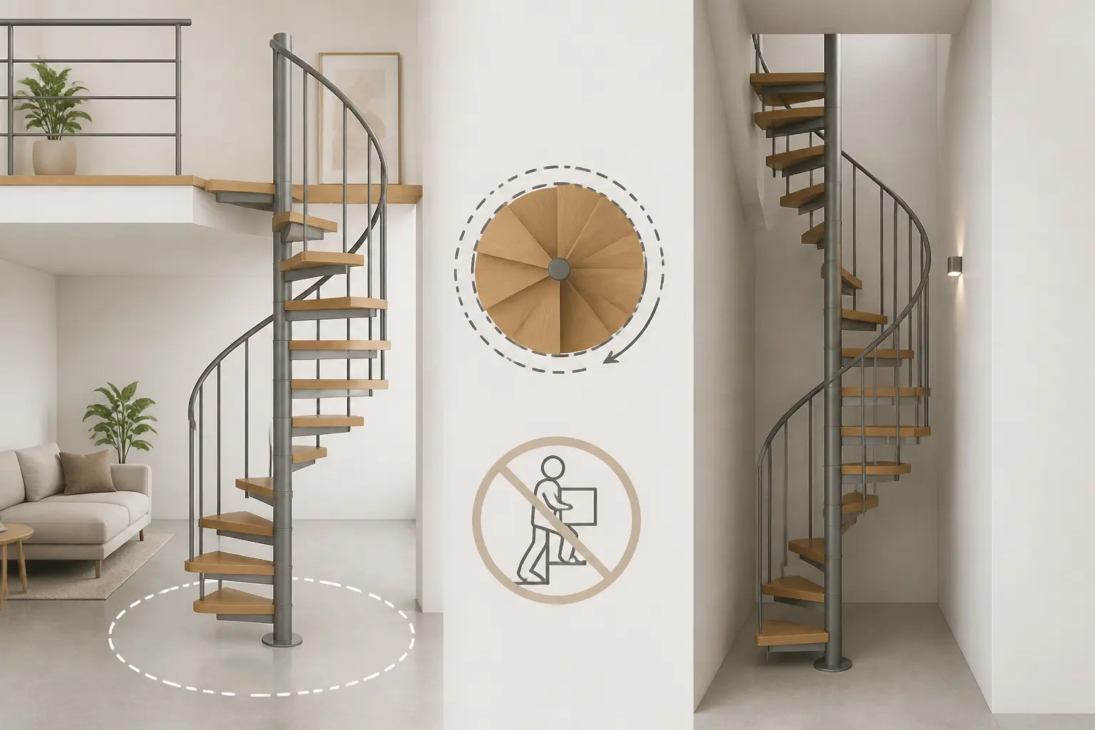 Escalier en colimaçon compact, comparé entre mezzanine et cage étroite, avec empreinte au sol.