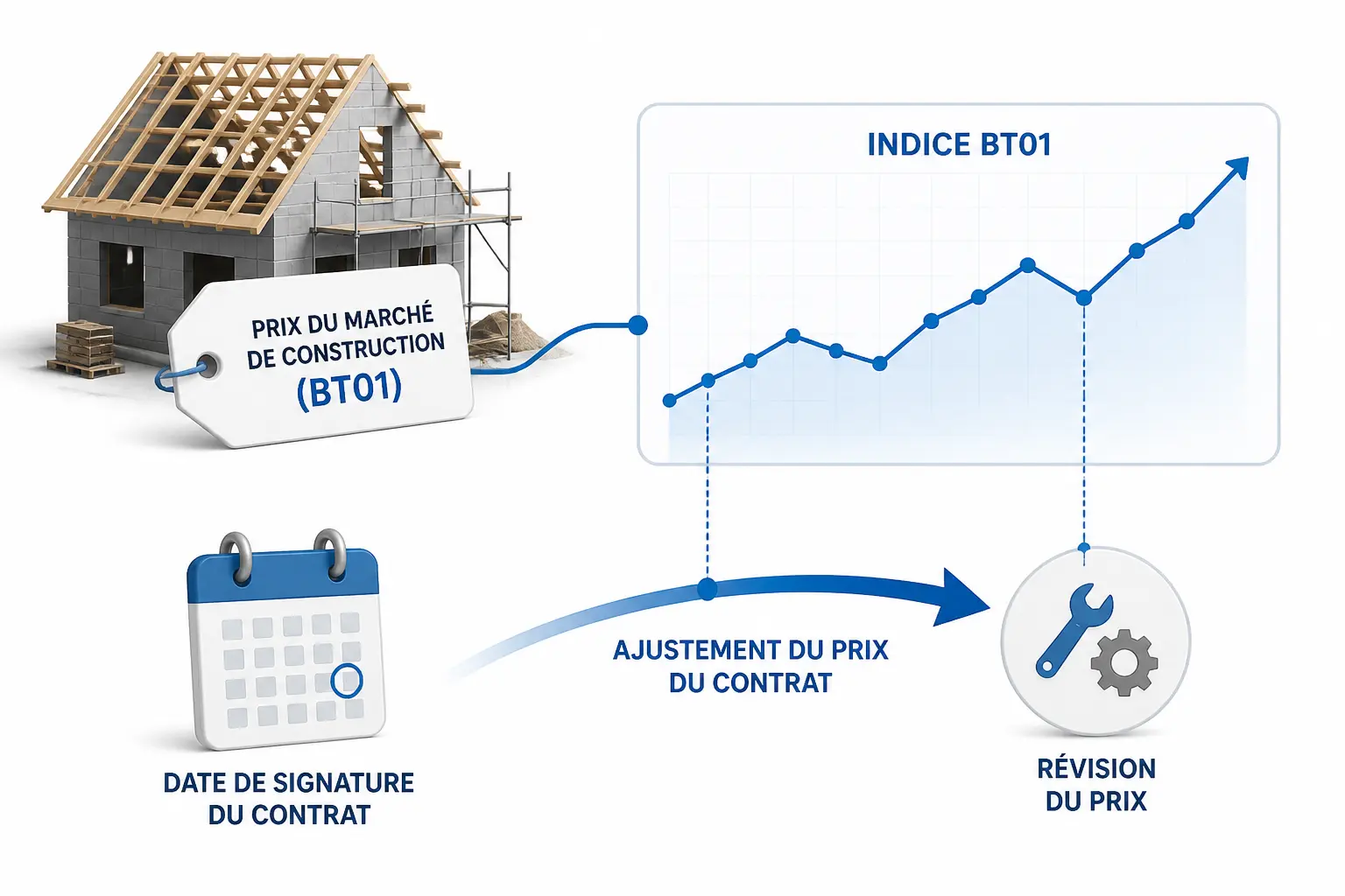 Indice bt01 : maison en construction, calendrier, courbe de prix et ajustement du contrat dans le temps.
