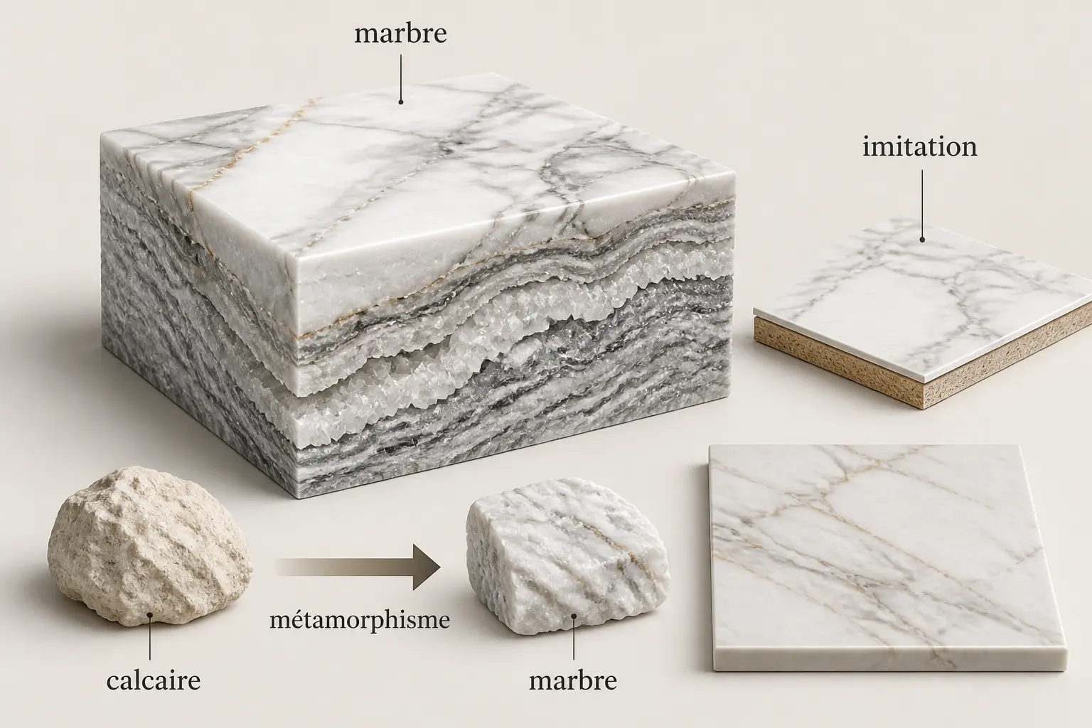 Marbre naturel en coupe, veines cristallines, comparaison avec imitation et schéma calcaire vers marbre