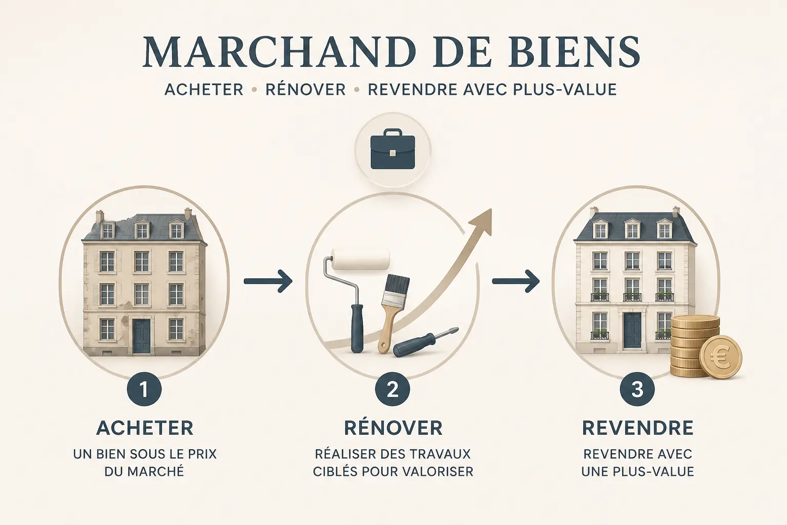Marchand de biens : schéma en 3 étapes d’achat-revente d’un bien ancien rénové puis revendu avec profit