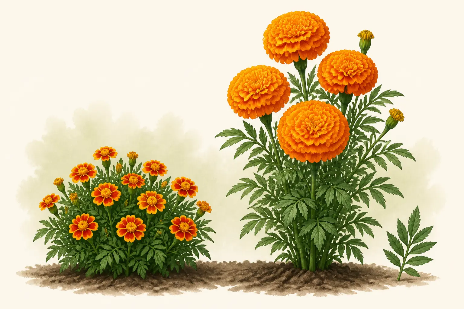 Œillet d’Inde compact et rose d’Inde plus haute, côte à côte, fleurs jaunes et orange.