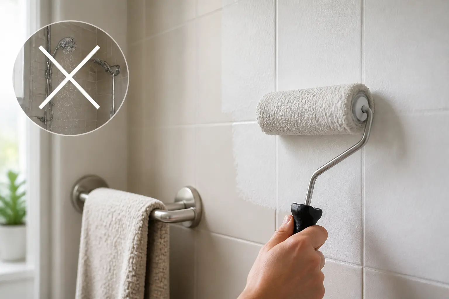 Peinture carrelage salle de bain sur un mur carrelé sec, rouleau appliquant une sous-couche