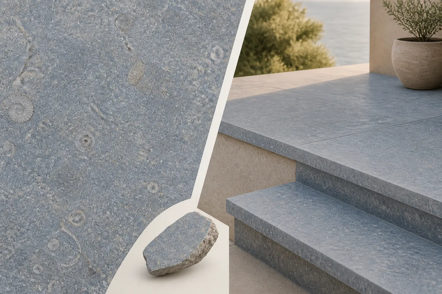 Pierre bleu : coupe de pierre bleue avec texture fossile et terrasse en dallage et marche