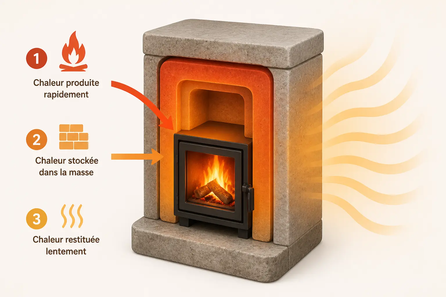 Schéma éducatif d’un poele de masse : feu bref, masse dense, chaleur douce restituée lentement.