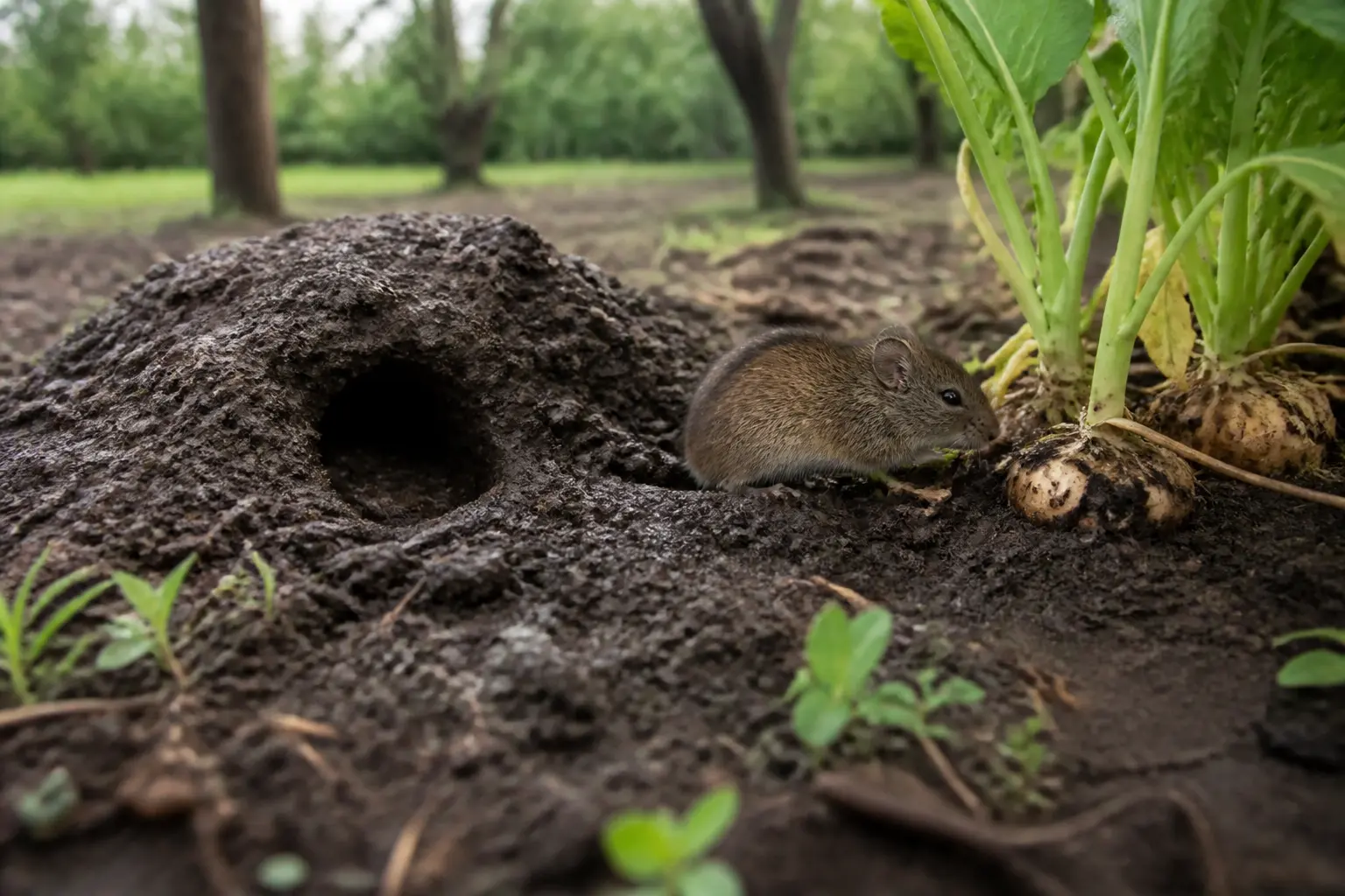 Rat taupier près d’un terrier dans un sol humide, avec racines et bulbes grignotés au jardin