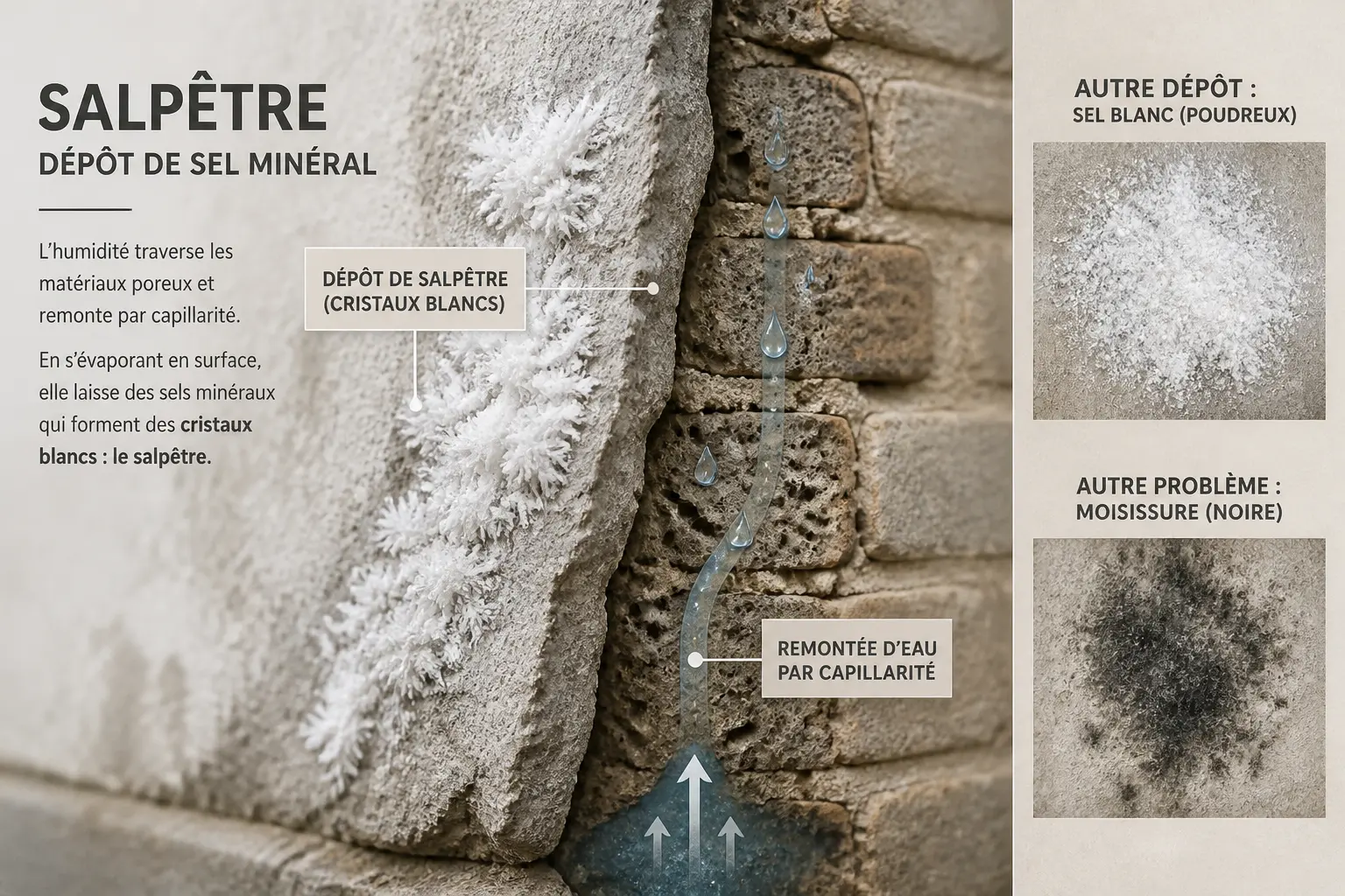Salpêtre sur mur humide : cristaux blancs, dépôt salin et moisissure, avec migration d’humidité.