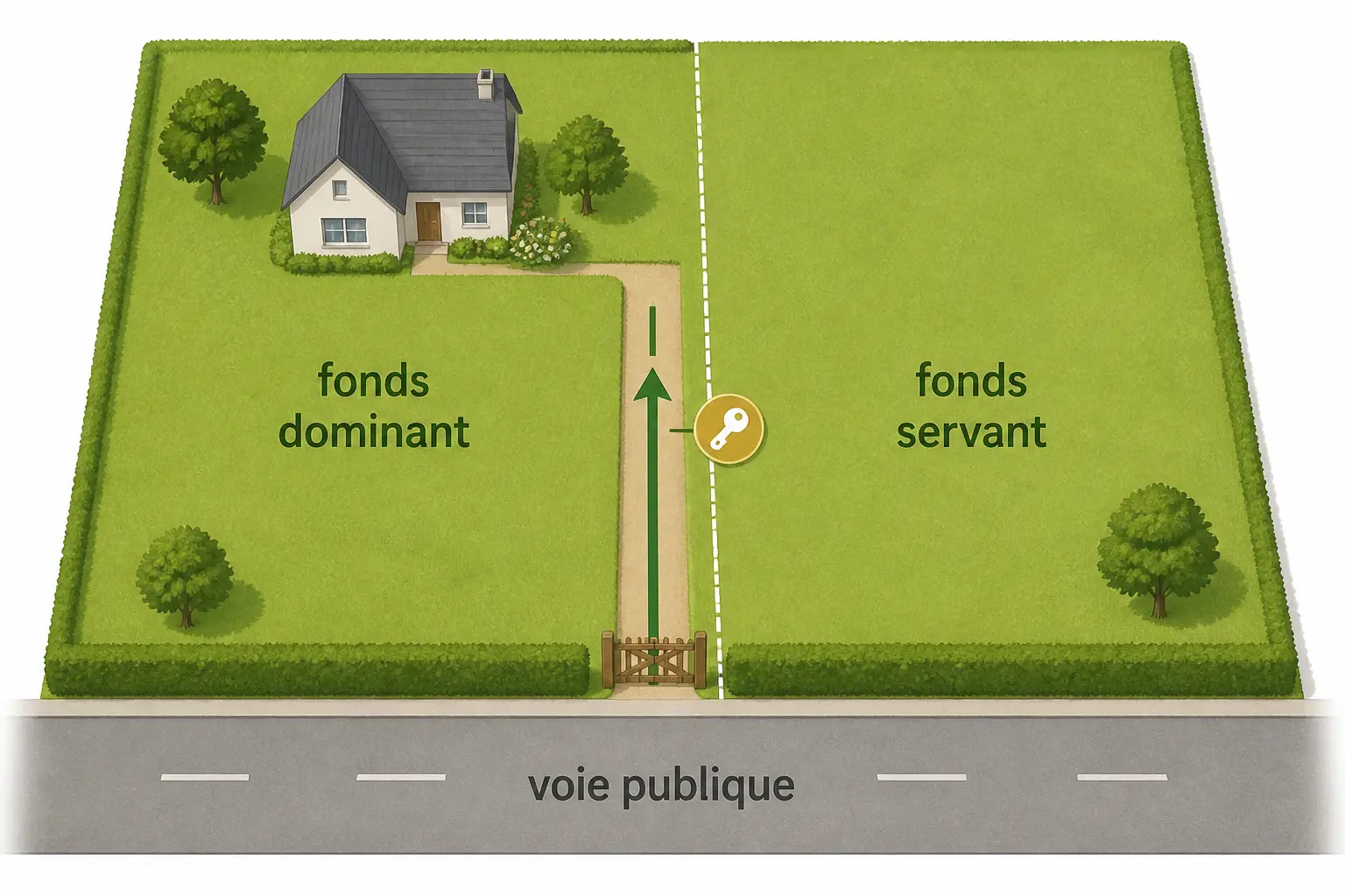 Schéma clair d’une servitude de passage entre fonds dominant, fonds servant et voie publique.