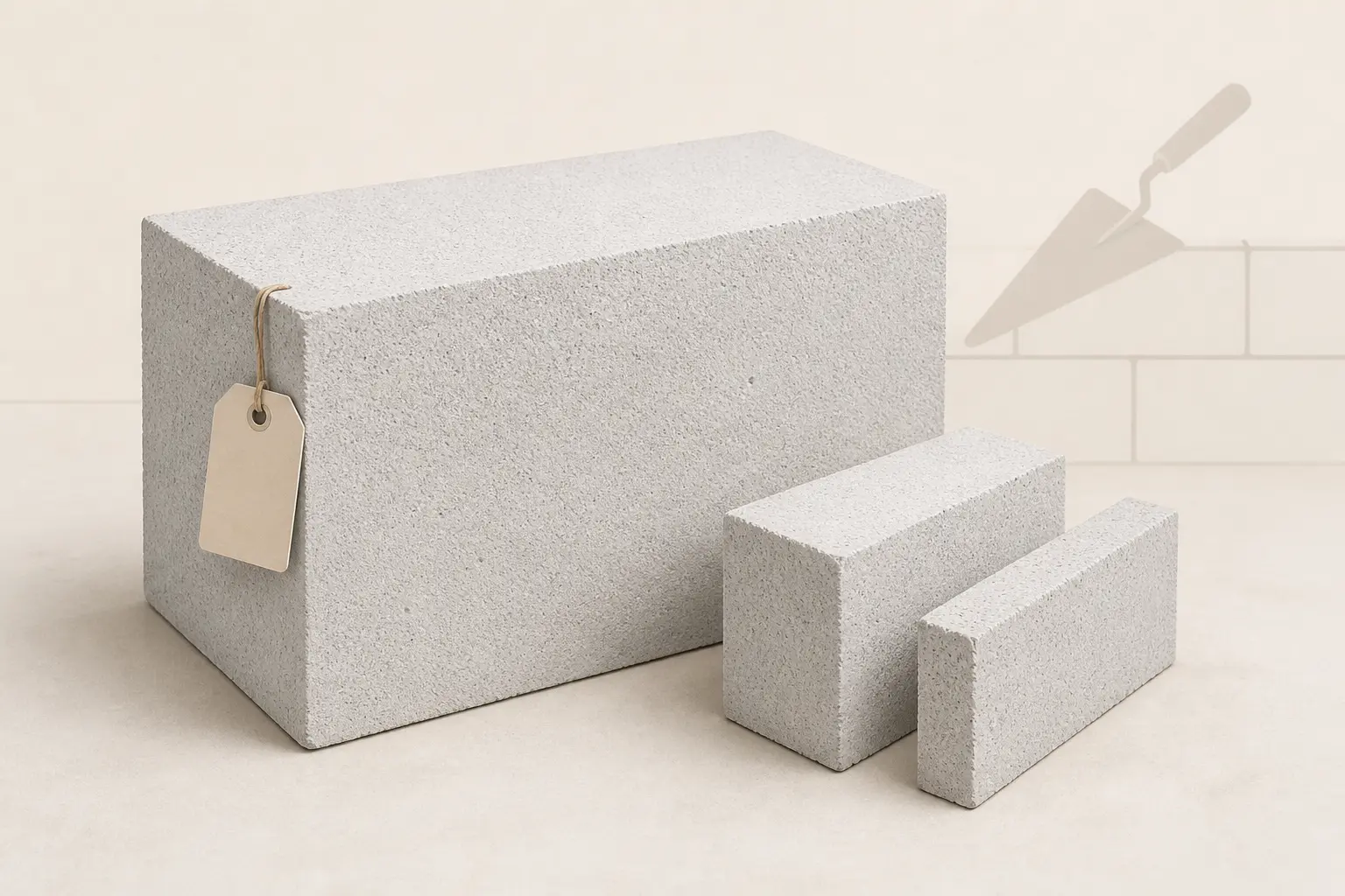 Bloc de siporex en béton cellulaire, avec repère de marque discret et deux formats adjacents