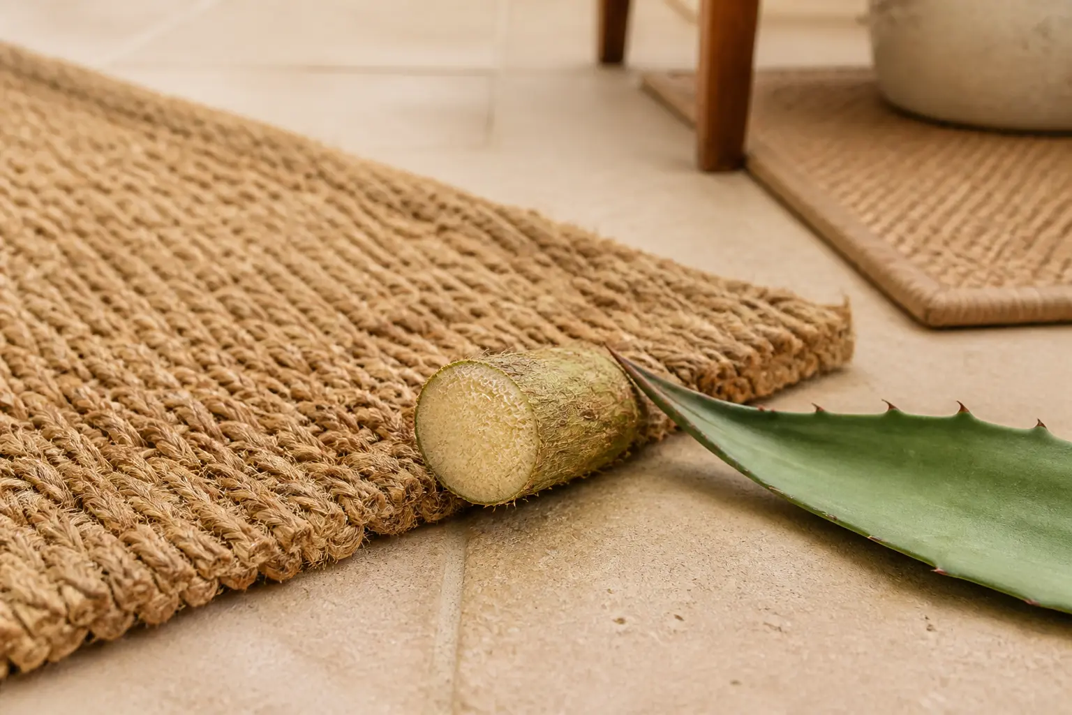 Gros plan d’un sol en sisal avec tissage naturel, coupe de fibre et feuille d’agave.