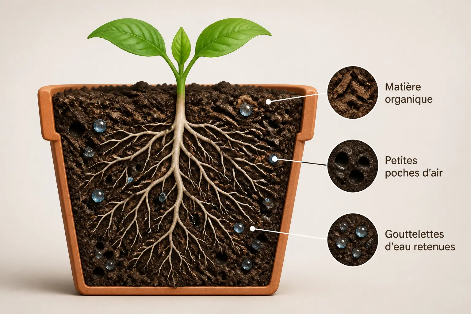 Terreau en coupe dans un pot, avec racines blanches, fibres organiques, air et eau pour nourrir un plant