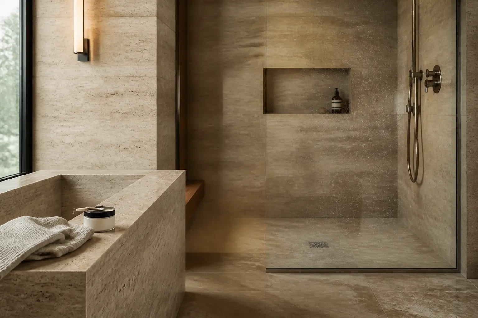 Salle de bain en travertin avec douche à l’italienne, surface scellée et détail d’entretien discret.