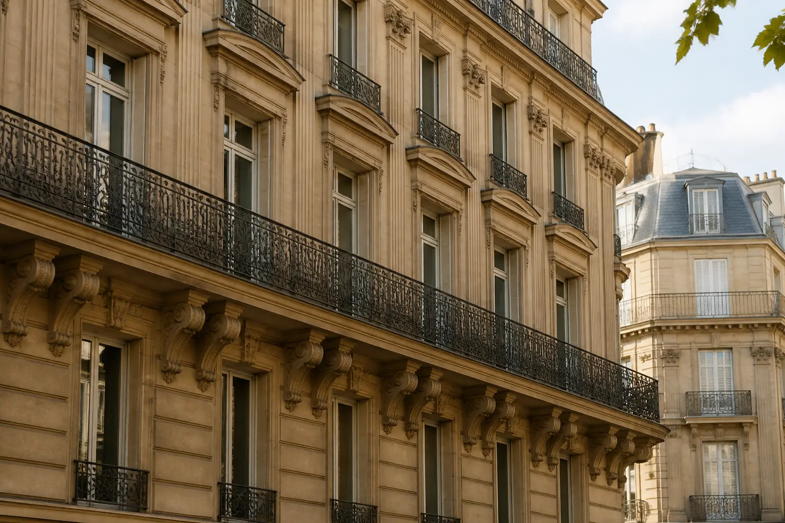 Façade d’appartement haussmannien en pierre de taille, balcon filant et fenêtres alignées à Paris