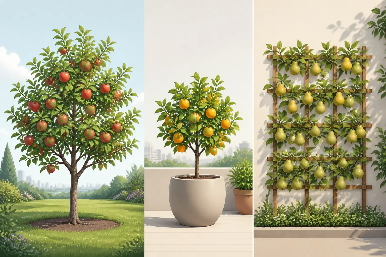 Arbre fruitier en pleine terre, en pot sur terrasse et en haie palissée contre un mur