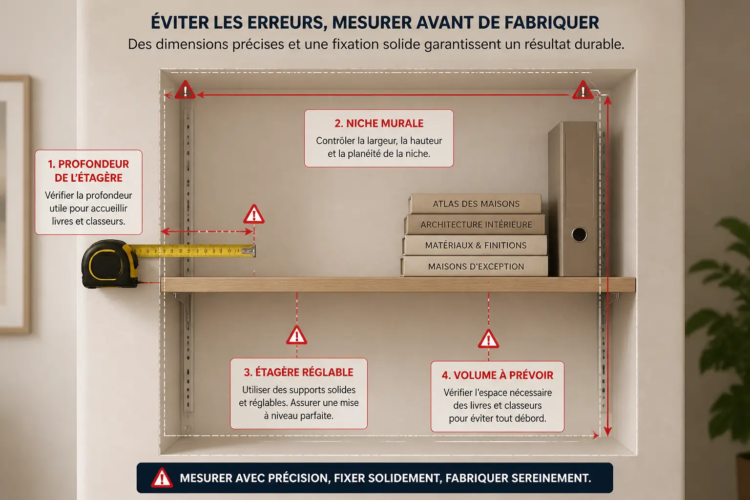Bibliothèque sur mesure : schéma de cotes avec niche murale, tablette réglable, livres et repères d’erreur