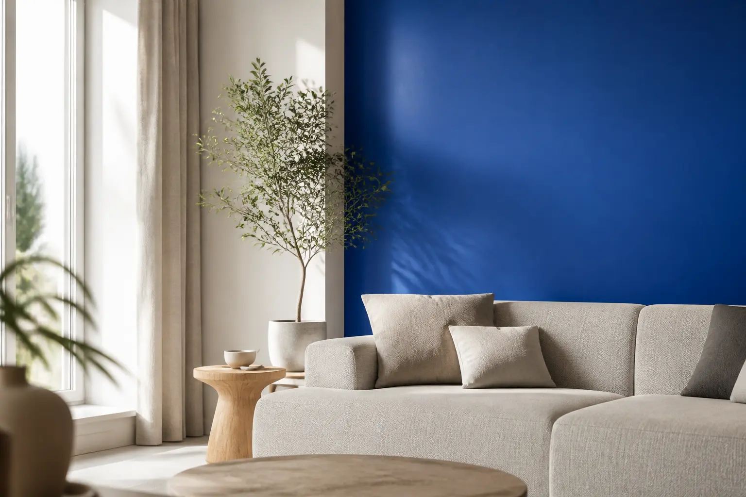 Salon lumineux avec mur bleu majorelle en accent, canapé neutre, lumière nordique et déco épurée