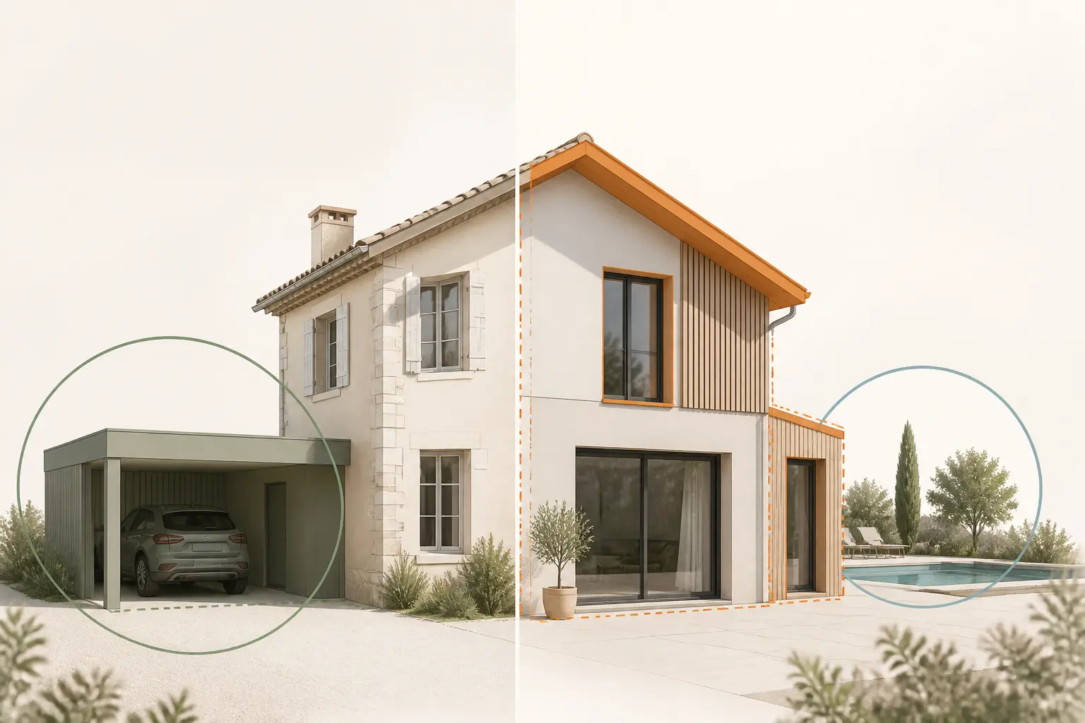Maison individuelle en rénovation avec extension, toiture et façade, illustrant le cerfa 13703