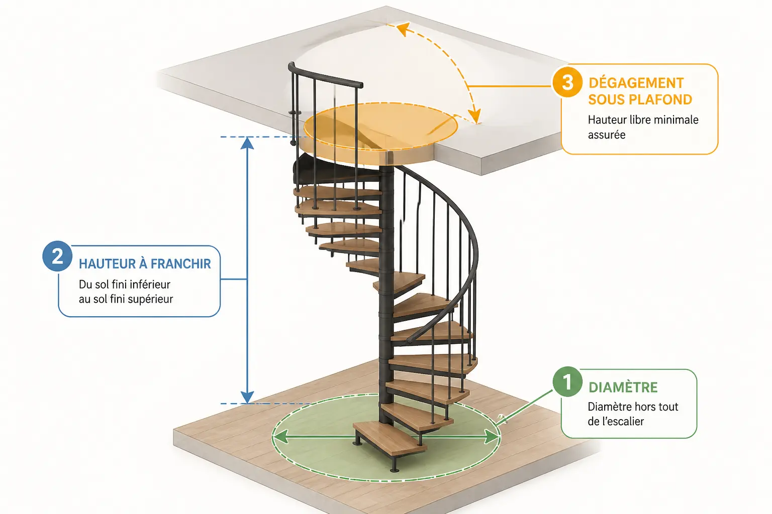 Escalier en colimaçon compact avec repères de diamètre, hauteur et trémie pour vérifier la sécurité.
