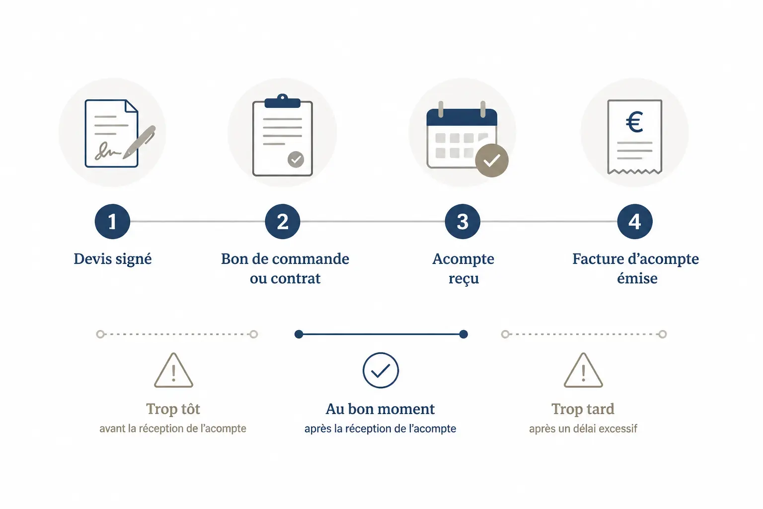 Chronologie de facture d'acompte : devis signé, commande, acompte reçu, facture émise.