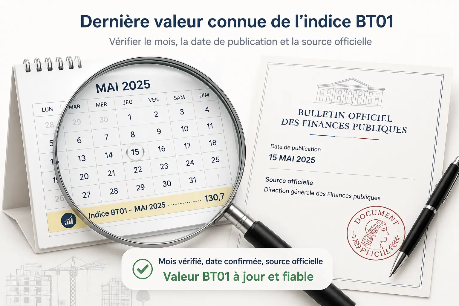Indice bt01 : loupe sur calendrier et document officiel pour vérifier la dernière valeur mensuelle