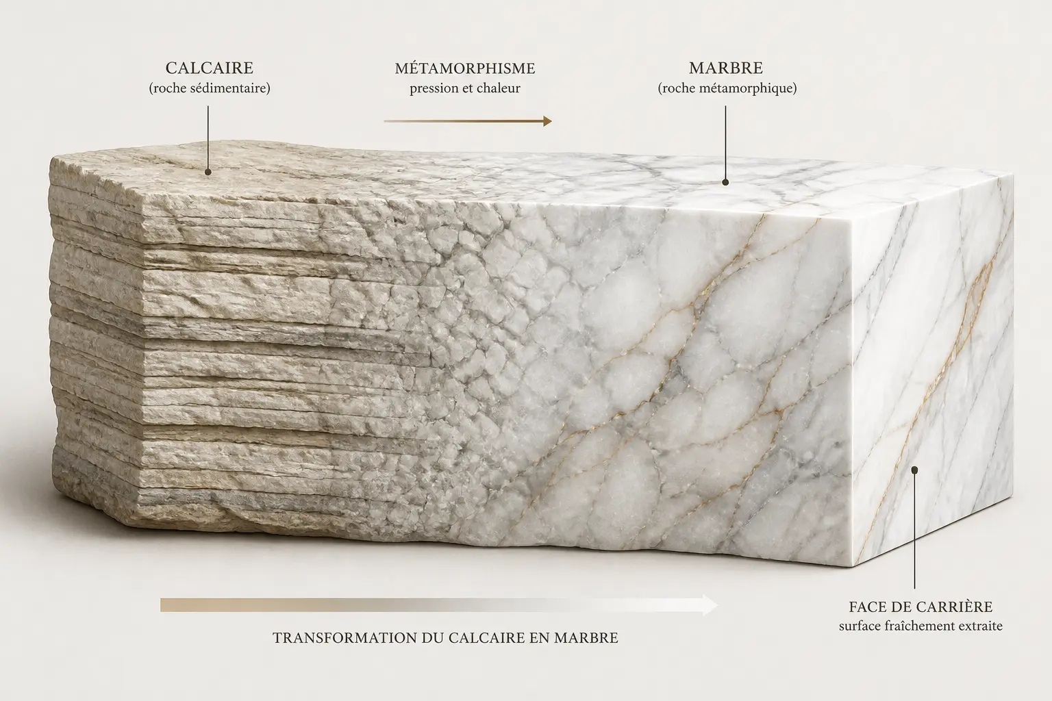Schéma du marbre montrant la transformation du calcaire en bloc recristallisé avec veines minérales.
