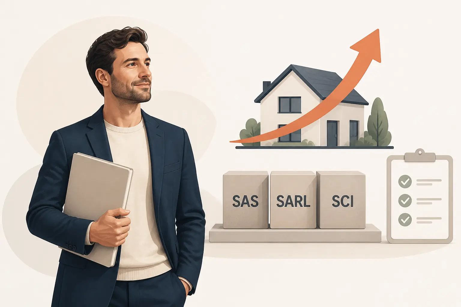 Marchand de biens : entrepreneur choisissant entre SAS, SARL, SCI et formalités pour lancer son activité.