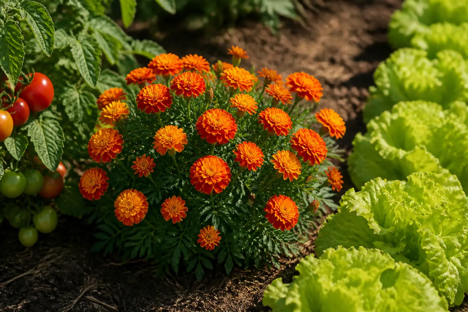Œillet d’Inde en fleurs au potager, entre tomates et laitues, sur sol paillé en lumière d’été.