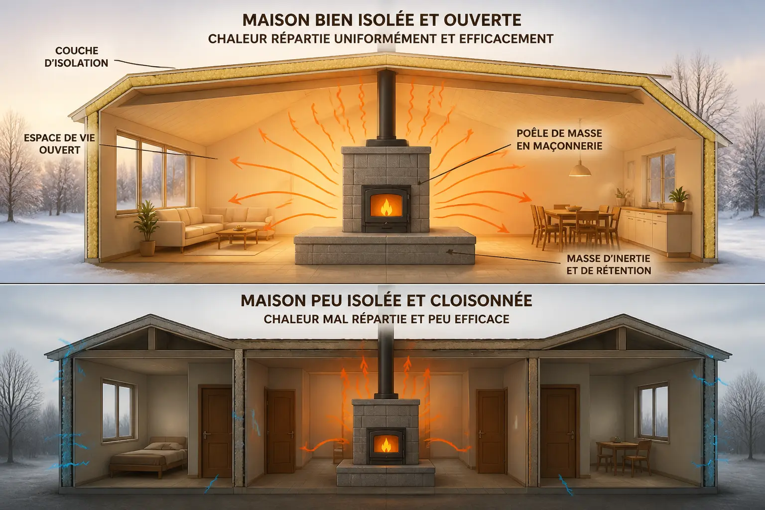Poêle de masse diffusant la chaleur dans une maison ouverte bien isolée, avec contraste d’une maison cloisonnée.