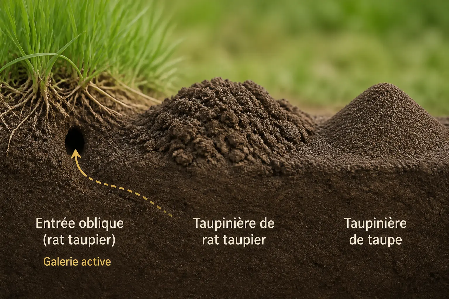 Entrée de galerie de rat taupier près des racines, comparée à une taupinière dans un jardin