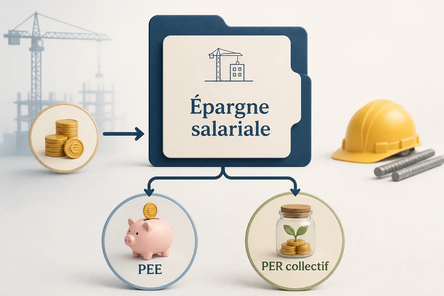 Regard btp : schéma d’épargne salariale avec PEE, PER collectif et flux de primes.