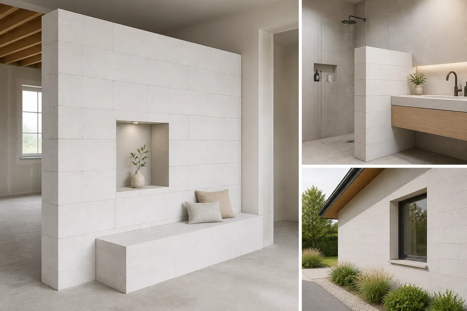 Mur de siporex en rénovation, avec niche, banquette intégrée et usage protégé en extérieur.