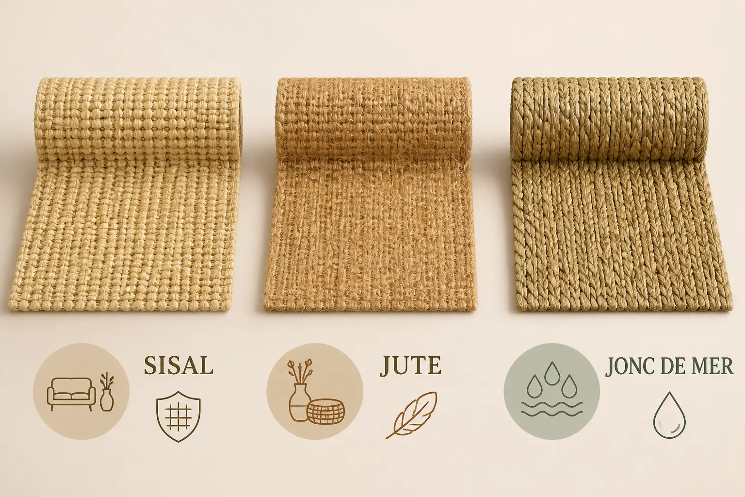 Comparatif visuel du sisal, du jute et du jonc de mer pour sols intérieurs, avec usages et textures.
