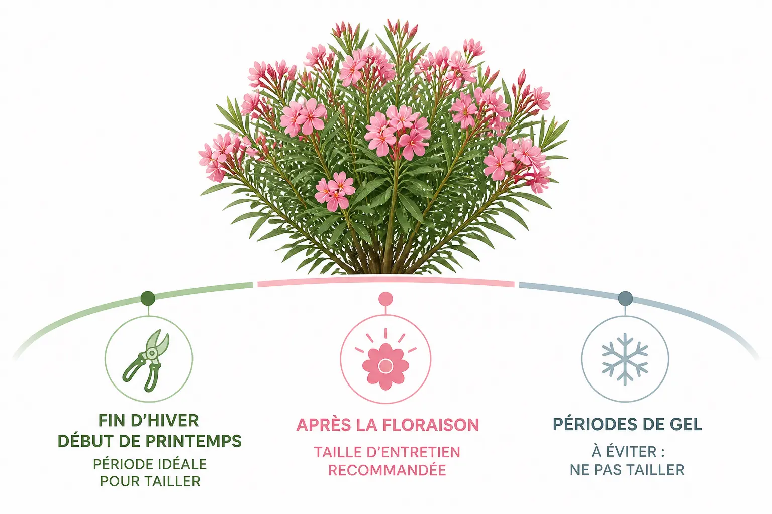 Taille laurier rose : calendrier visuel des périodes de taille, fin d’hiver, après floraison et hors gel.