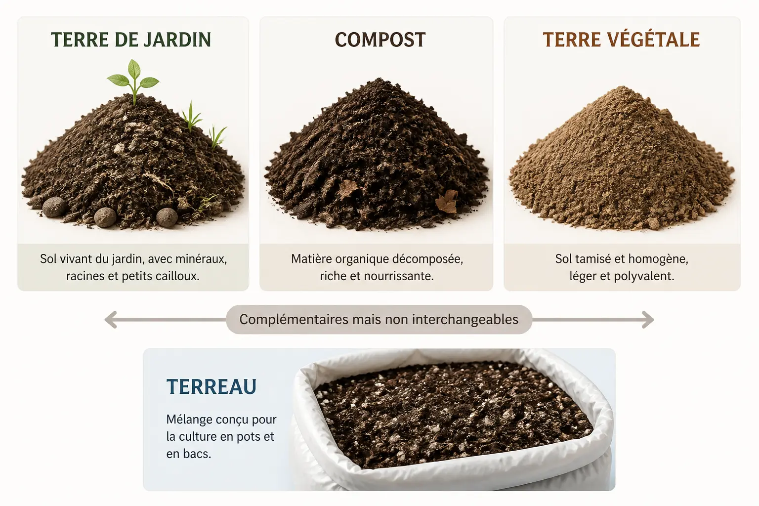 Terreau, compost, terre végétale et terre du jardin comparés en quatre éléments distincts