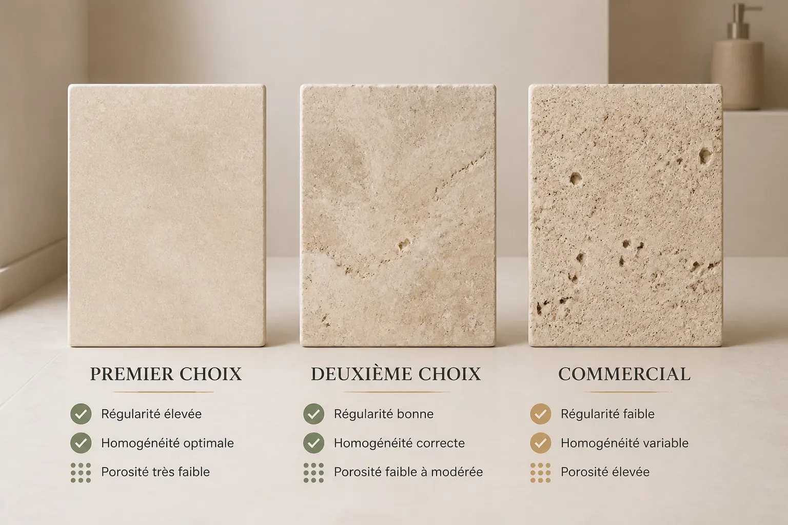 Comparatif de travertin salle de bain : premier, deuxième et commercial selon régularité et pores