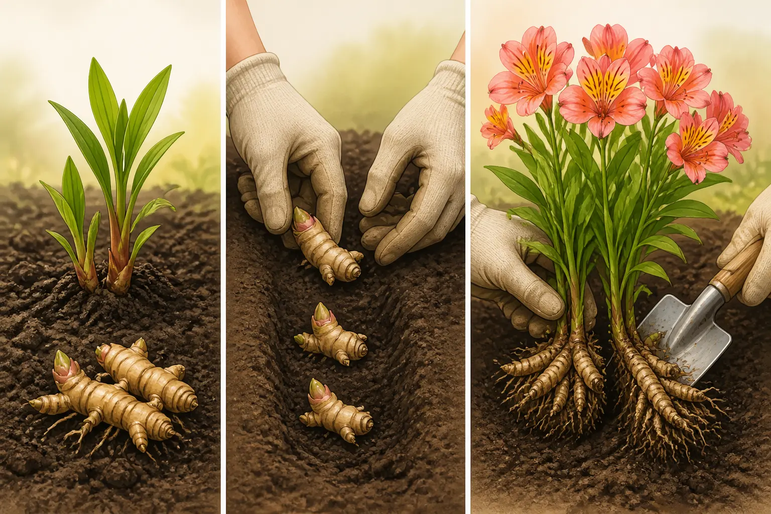 Plantation et division des rhizomes d’alstroemeria en terre drainée avec gants et petite spade.