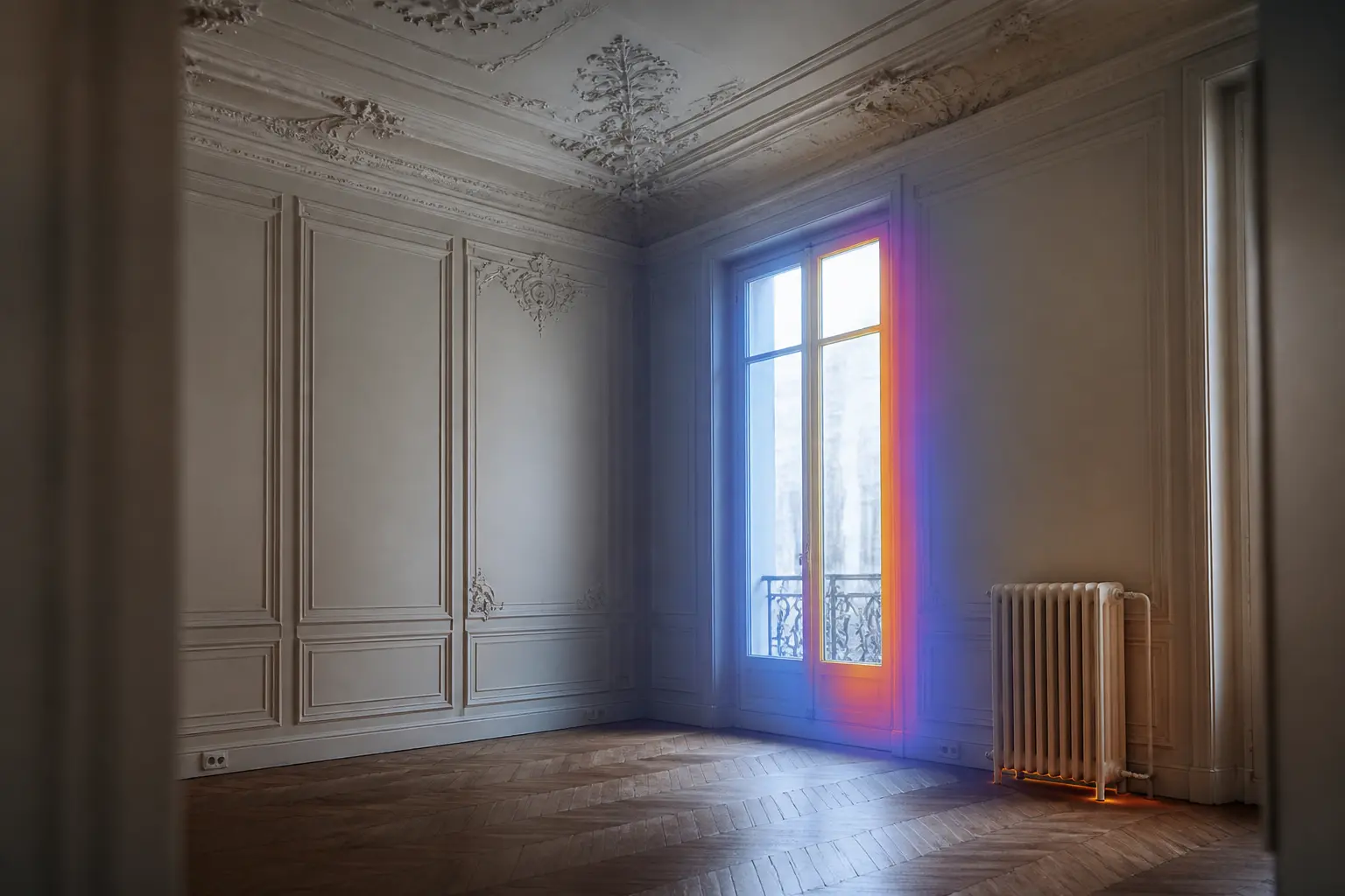 Appartement haussmannien vide : moulures, parquet et fenêtre haute, avec radiateur et perte de chaleur visible.