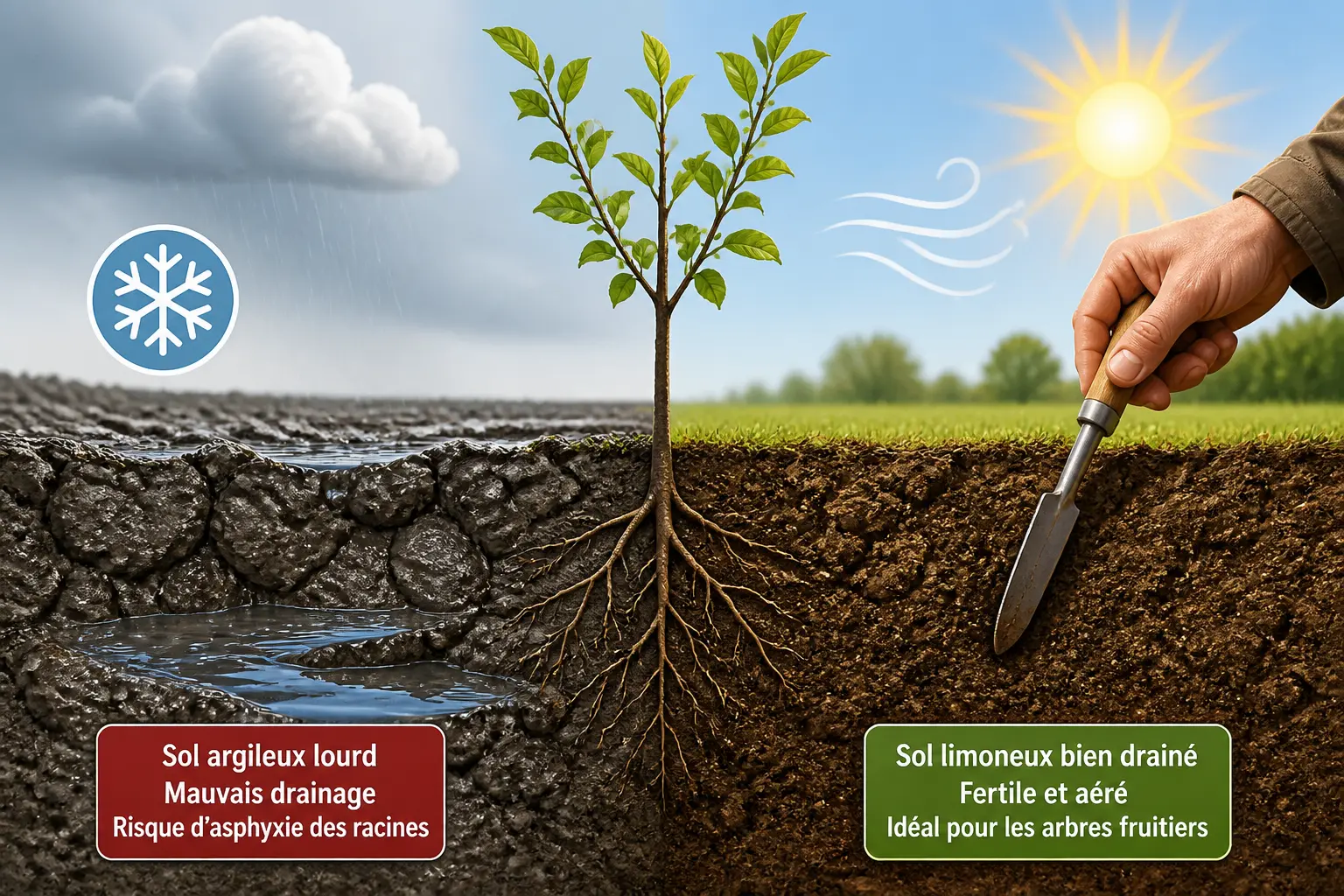 Arbre fruitier : comparaison entre sol argileux humide et sol drainé, avec soleil, vent et gel.