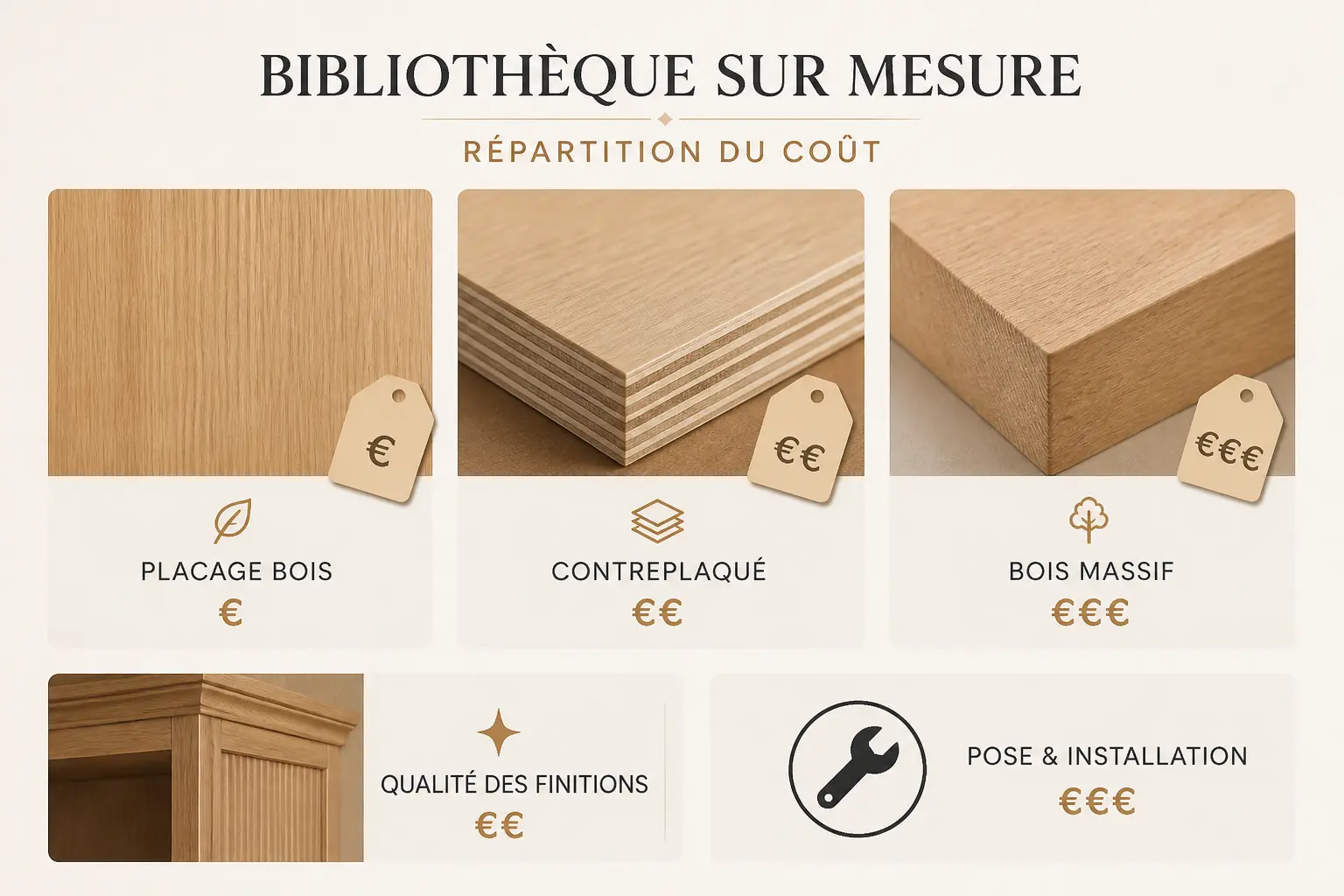 Bibliothèque sur mesure : comparaison de matériaux, finitions et coûts avec étiquettes de prix et outils.