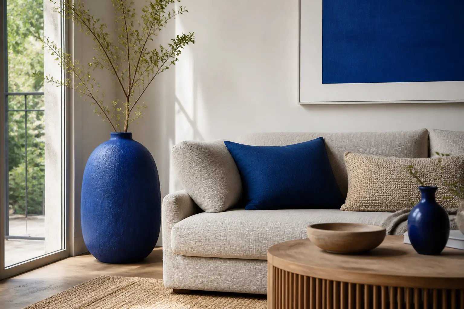 Salon contemporain avec bleu majorelle, murs écrus, canapé lin beige et accents bois clair.