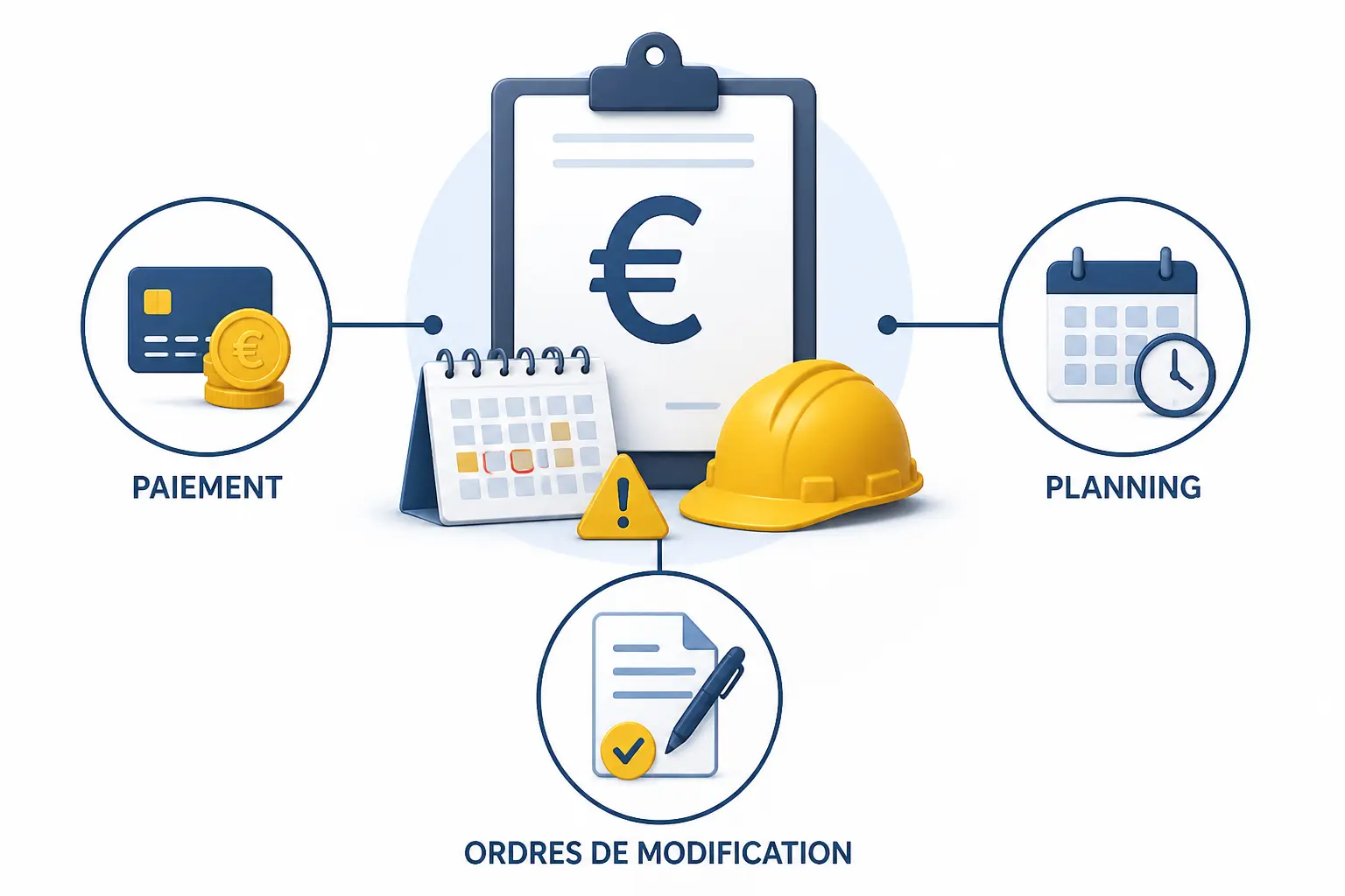 Schéma du ccag travaux : paiement, calendrier et avenants reliés à un chantier sous contrôle
